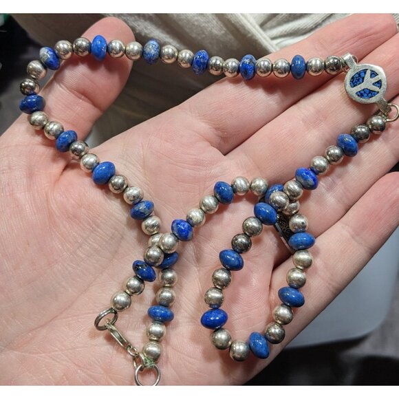 Vintage Hippie Peace Sign Lapis And Silver Tone Beaded Necklace - Picture 3 of 6